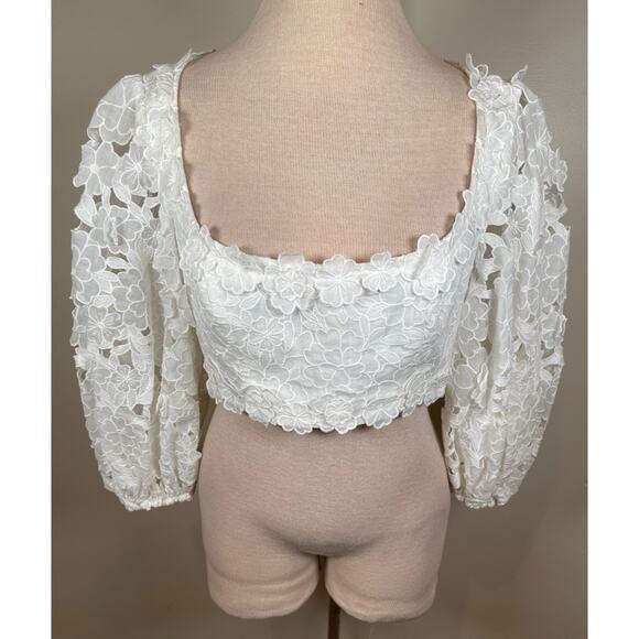 Zimmermann Lola Embroidered Floral Ramie White Puff Sleeve Crop Top Size 8 - Picture 2 of 10